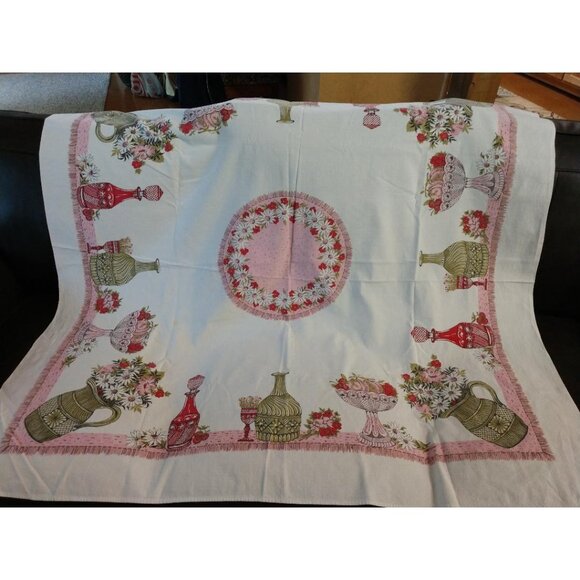 Vintage Cotton Tablecloth W/Floral &Vase Design Pink Green White 46-1/2"x48-1/2" - Picture 8 of 9
